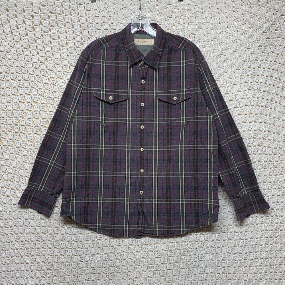 Tommy Bahama Shirt Mens L Gray Purple Plaid Cotton Button Up Casual Long Sleeve‎